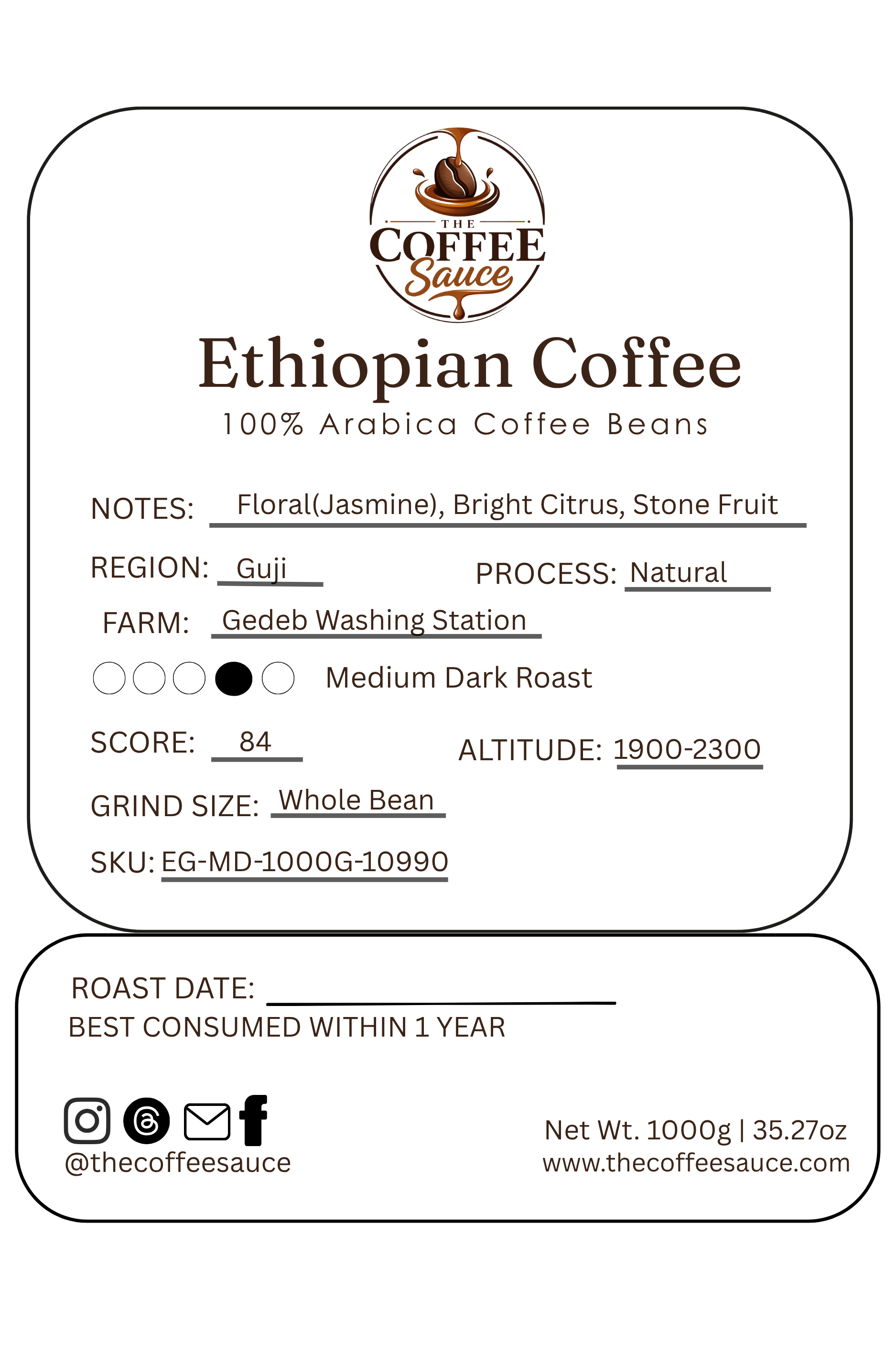 Ethiopian Coffee - 1000g | 100% Arabica Beans
