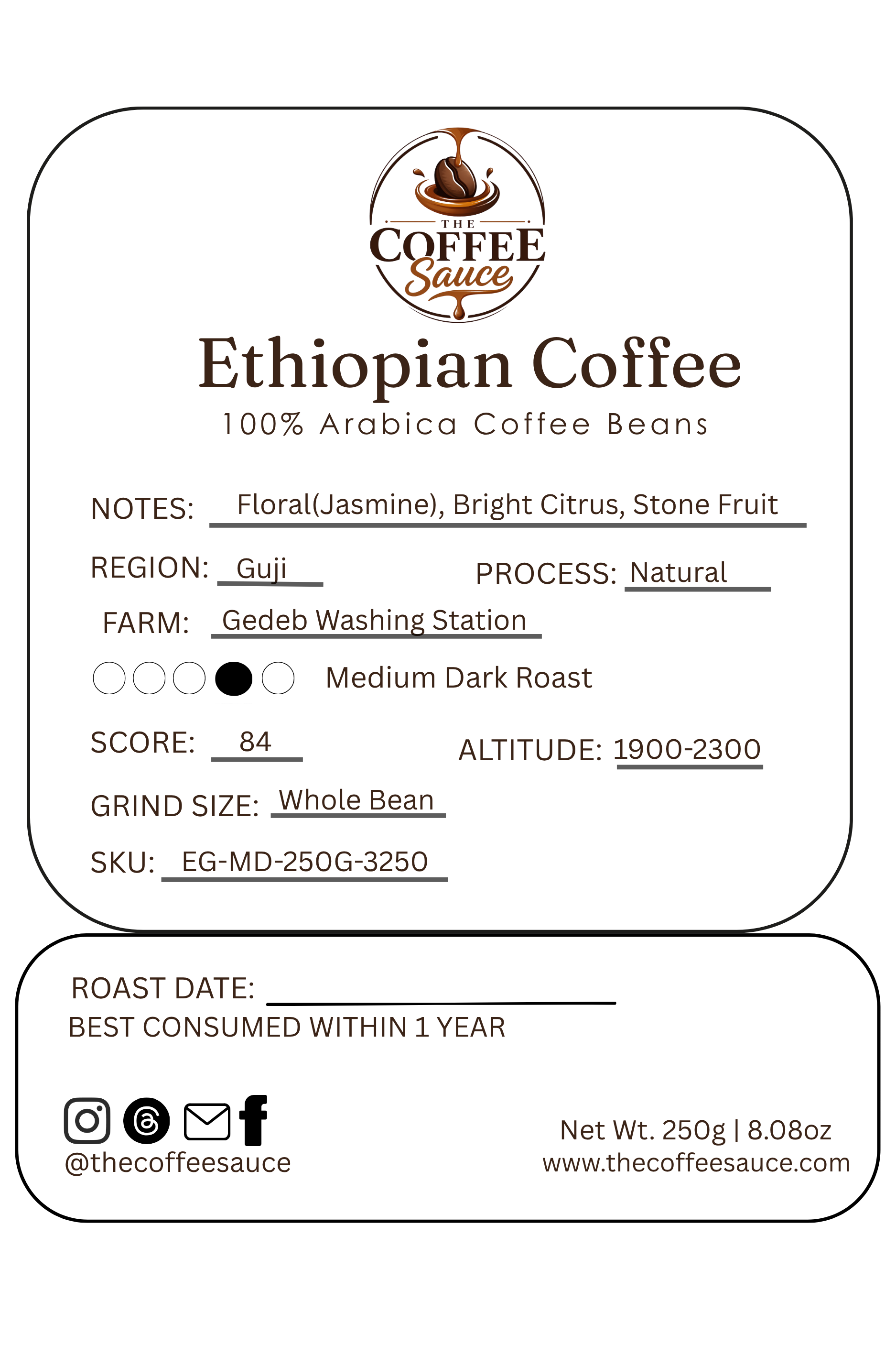 Ethiopian Coffee - 250g | 100% Arabica Beans